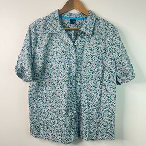 Basic Editions XXL Blue Green Floral Button-Up Shirt Women’s Short Sleeve Cotton